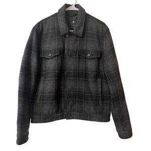 Seven For All Mankind Men's Wool Blend Black & Gray Plaid Trucker Jacket Medium